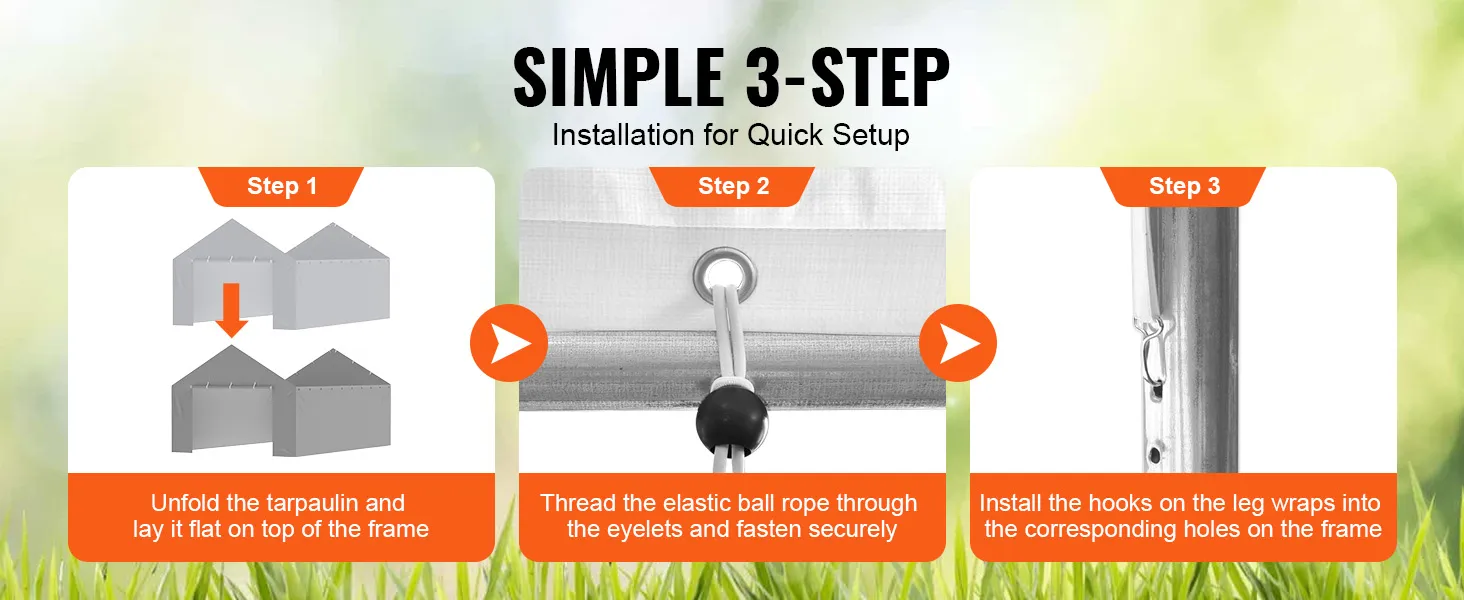 simple 3-step guide to install VEVOR carport canopy cover: secure tarp, thread rope, hook wraps.