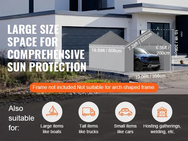 VEVOR carport canopy cover with large space for sun protection, suitable for cars, boats, and gatherings.