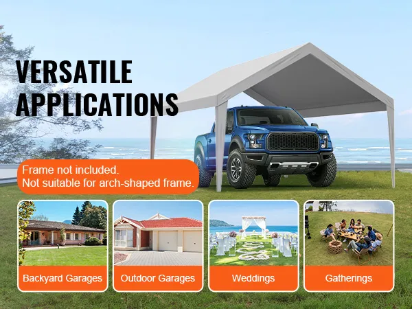 VEVOR carport canopy cover with truck, showcasing versatile applications: backyard garages, outdoor garages, weddings, gatherings.
