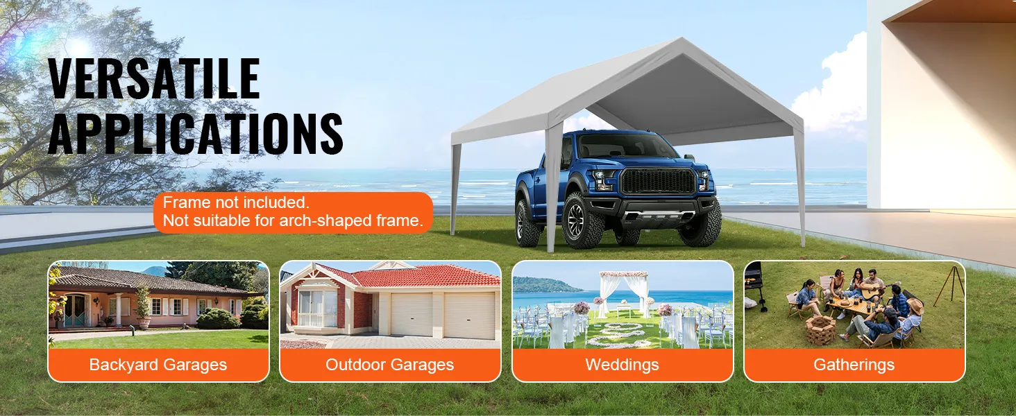 VEVOR carport canopy cover with truck, showcasing versatile applications: backyard garages, outdoor garages, weddings, gatherings.