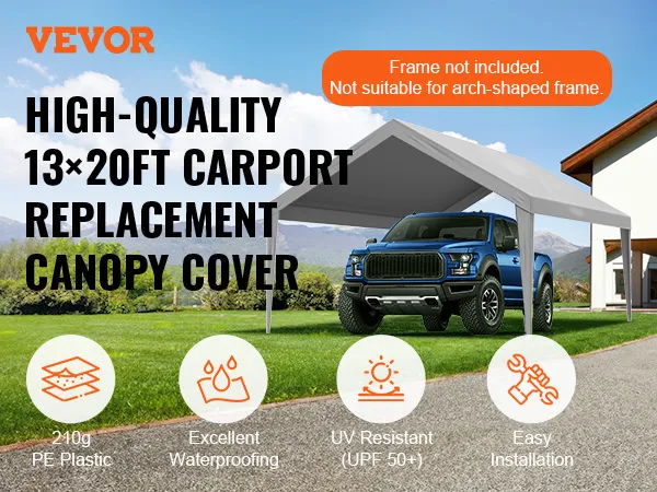 VEVOR carport canopy cover: high-quality 13×20ft, 210g pe plastic, waterproof, uv resistant, easy setup.