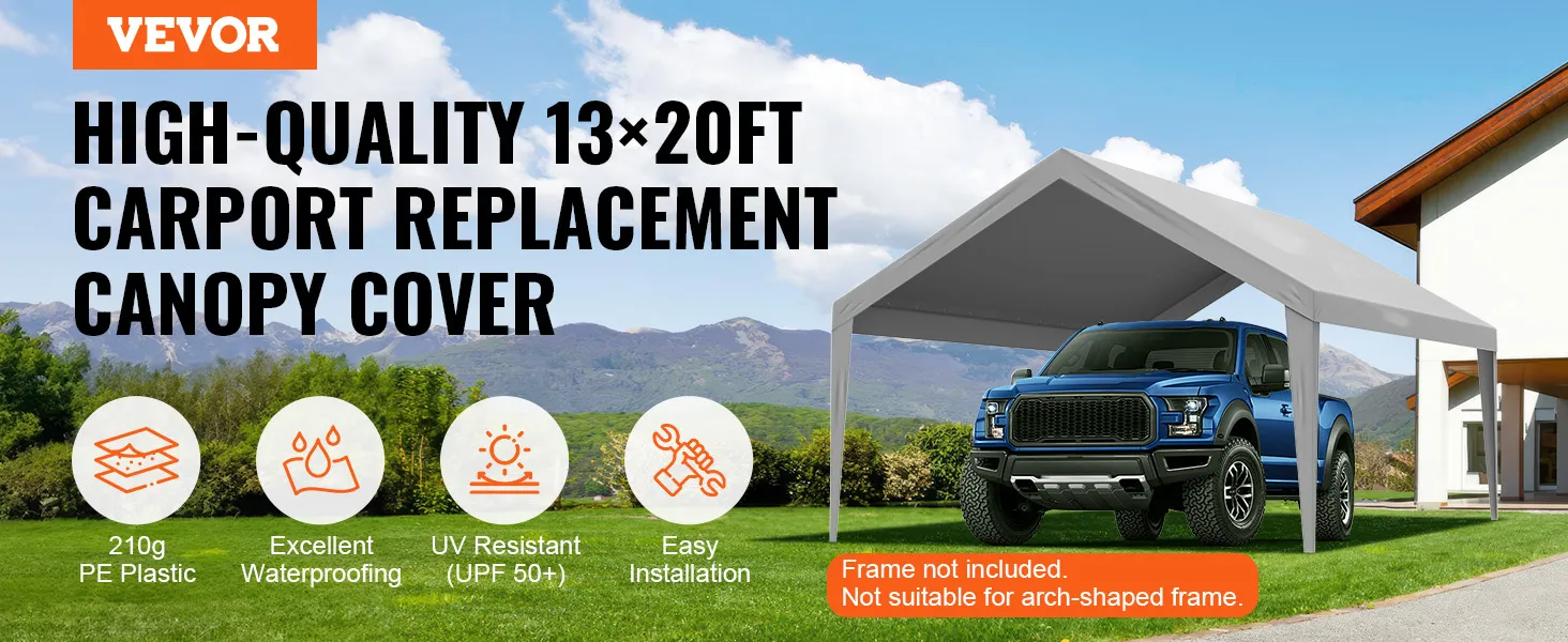 VEVOR carport canopy cover: high-quality 13×20ft, 210g pe plastic, waterproof, uv resistant, easy setup.