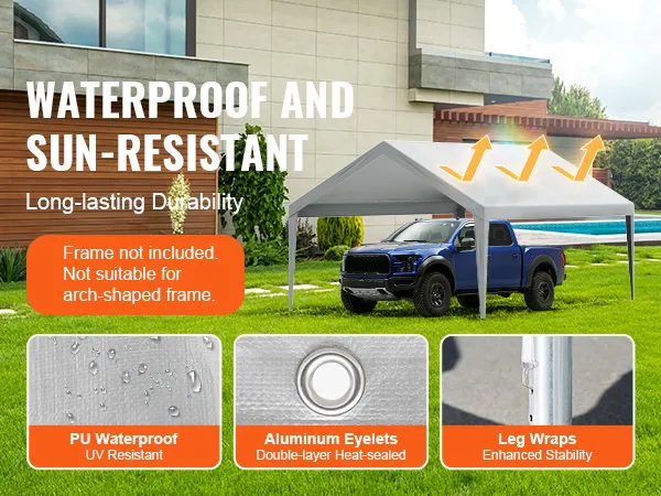 VEVOR carport canopy cover with pu waterproof material, aluminum eyelets, and leg wraps for stability.