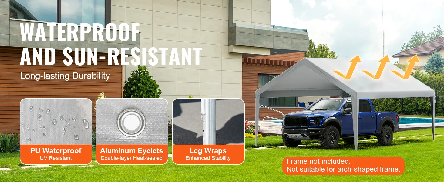 VEVOR carport canopy cover with pu waterproof material, aluminum eyelets, and leg wraps for stability.