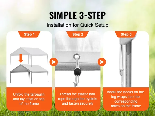 simple 3-step installation process for VEVOR carport canopy cover: lay tarpaulin, secure ropes, install hooks.