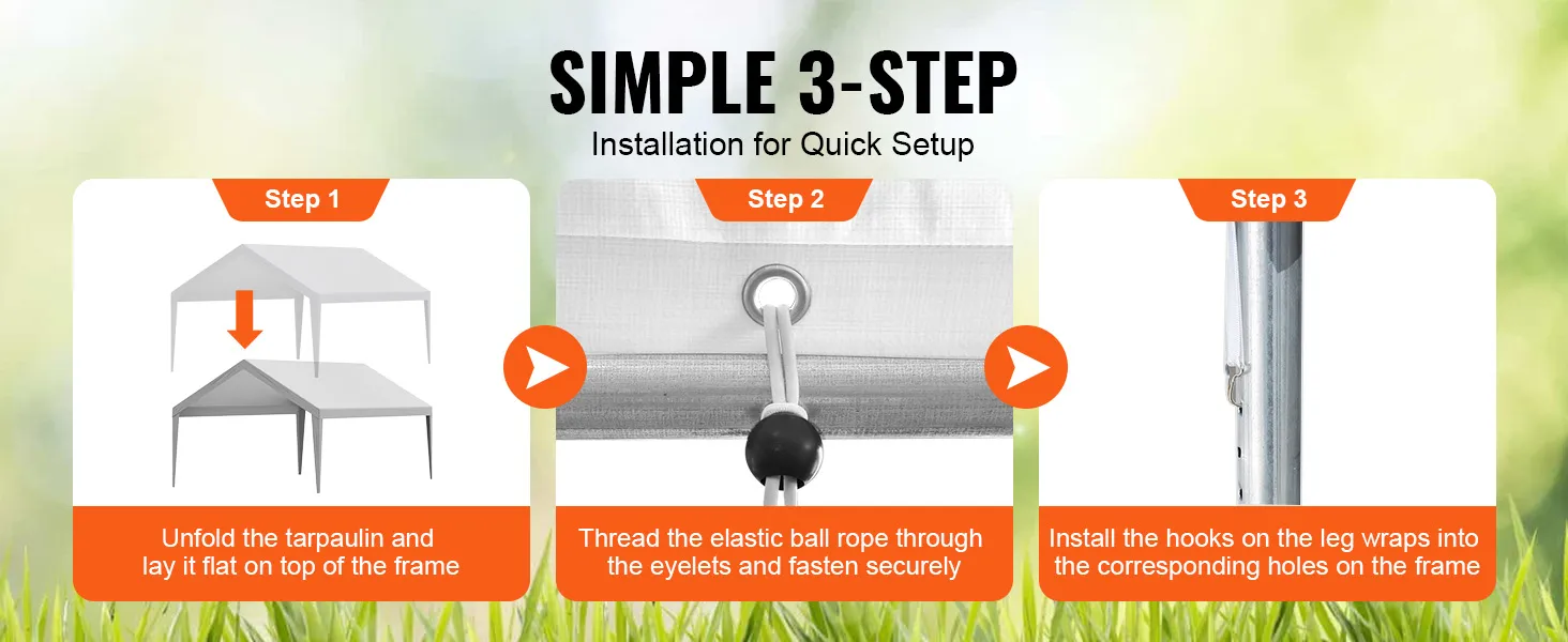 simple 3-step installation process for VEVOR carport canopy cover: lay tarpaulin, secure ropes, install hooks.