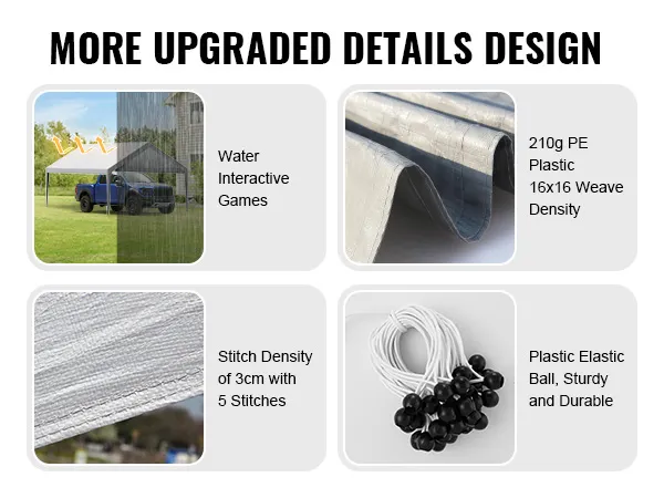 VEVOR carport canopy cover, sun-resistant, water-repellent, 210g pe plastic, sturdy elastic ball ties.