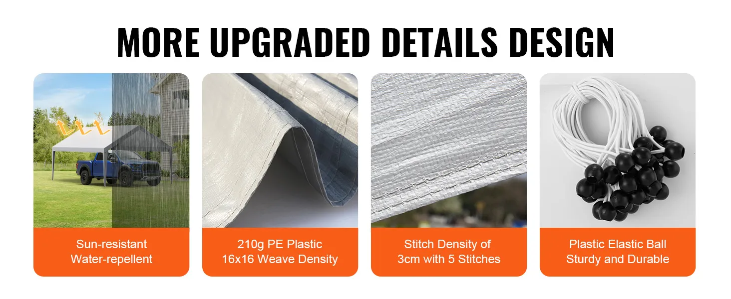VEVOR carport canopy cover, sun-resistant, water-repellent, 210g pe plastic, sturdy elastic ball ties.