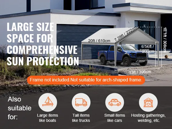 VEVOR carport canopy cover with large space, comprehensive sun protection for trucks, boats, and gatherings.