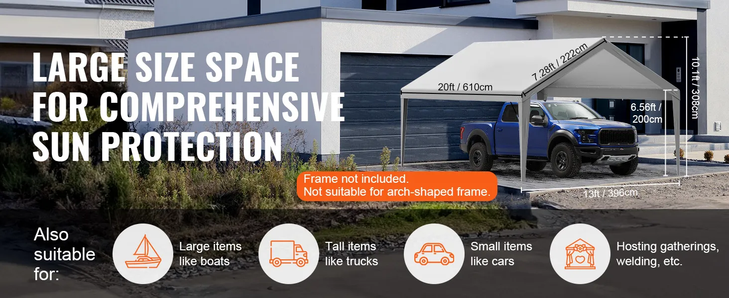 VEVOR carport canopy cover with large space, comprehensive sun protection for trucks, boats, and gatherings.
