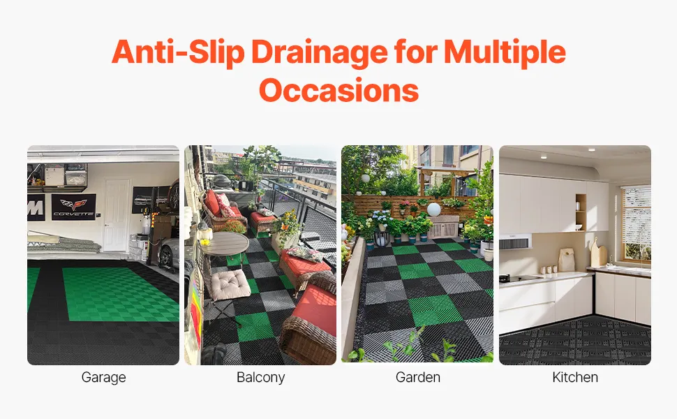 VEVOR Interlocking Drainage Mat, 12” x 12” Modular Interlocking Cushion Durable PP Material, 40 Pcs Splicing Drainage Mats, Non-Slip Drainage Floor Tile and Shower Mat, for Garage, Garden, Kitchen & Outdoor, Black