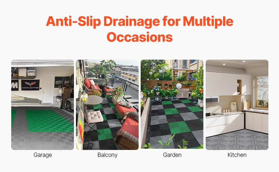 VEVOR Interlocking Drainage Mat, 12” x 12” Modular Interlocking Cushion Durable PP Material, 55 Pcs Splicing Drainage Mats, Non-Slip Drainage Floor Tile and Shower Mat, for Garage, Garden, Kitchen & Outdoor, Grey