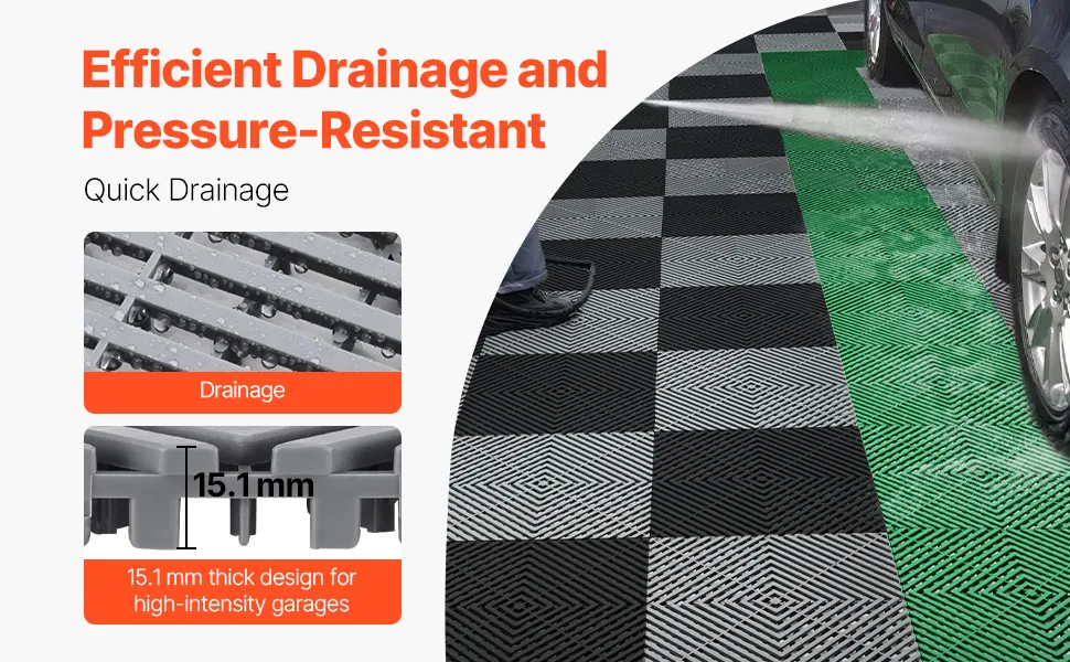 VEVOR Interlocking Drainage Mat, 12” x 12” Modular Interlocking Cushion, 24 Pcs Splicing Drainage Mats, Non-Slip Gray PP Drainage Floor Tile and Shower Mat, for Garage, Garden, Kitchen & Outdoor