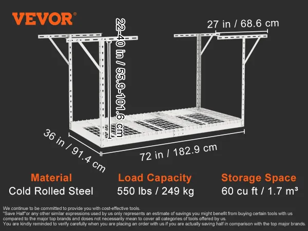 VEVOR overhead garage storage rack dimensions: 72x36x12.6 inches. holds 550 lbs, 60 cu ft storage, steel construction.