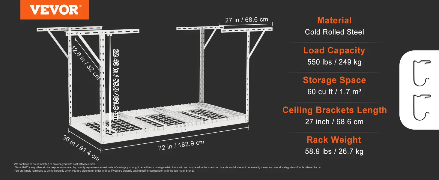 VEVOR overhead garage storage rack dimensions: 72x36x12.6 inches. holds 550 lbs, 60 cu ft storage, steel construction.