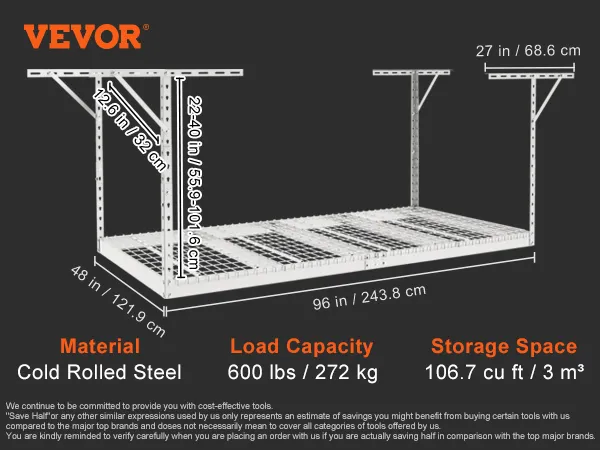 VEVOR garage storage rack, cold-rolled steel, 600 lbs load, 106.7 cu ft storage, 96x48 inches.
