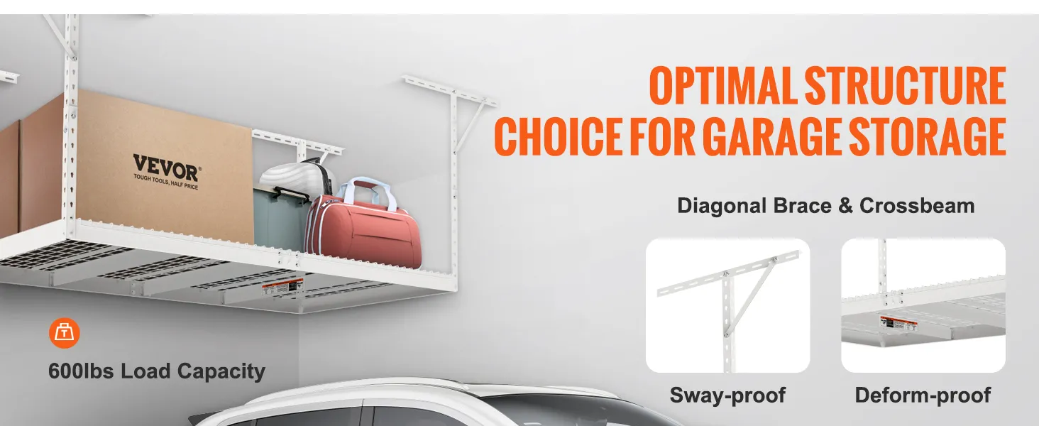 VEVOR garage storage rack with 600lbs load capacity, diagonal brace, crossbeam, and optimum structure.