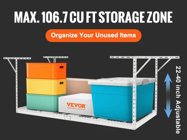 VEVOR garage storage rack with max 106.7 cu ft, 22-40 inch adjustable, organize your unused items.