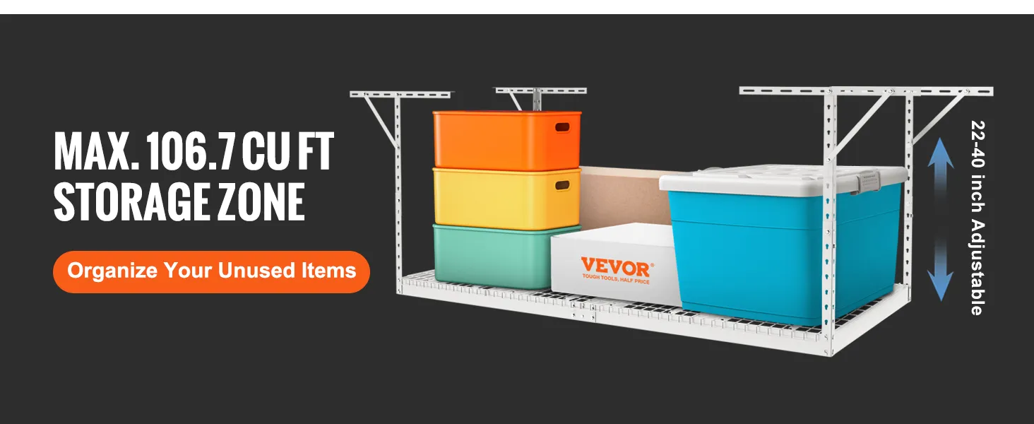 VEVOR garage storage rack with max 106.7 cu ft, 22-40 inch adjustable, organize your unused items.