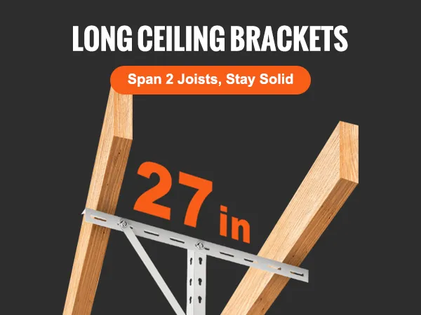 long ceiling brackets spanning 27 inches for VEVOR garage storage rack. span 2 joists for stability.