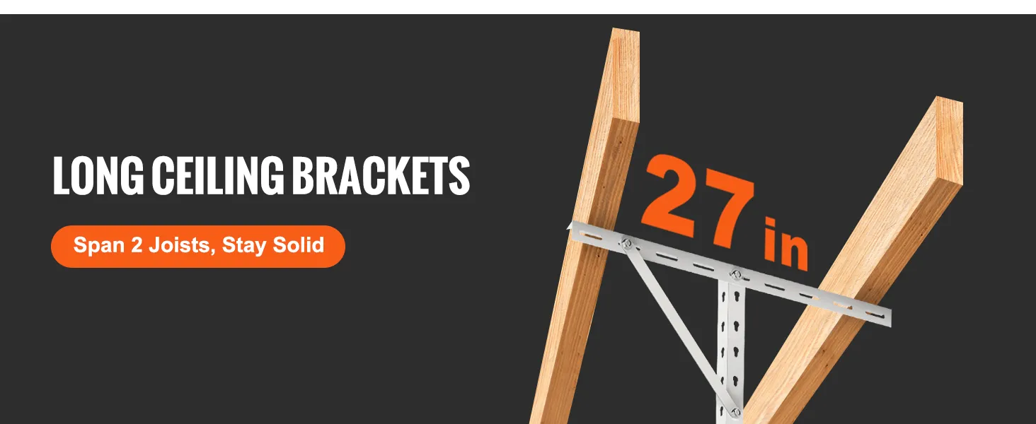 long ceiling brackets spanning 27 inches for VEVOR garage storage rack. span 2 joists for stability.