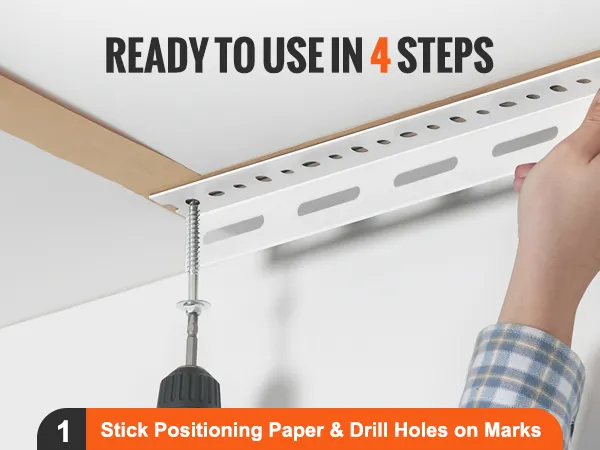 hand positions VEVOR garage storage rack on ceiling, with the drill securing the mounting bracket.