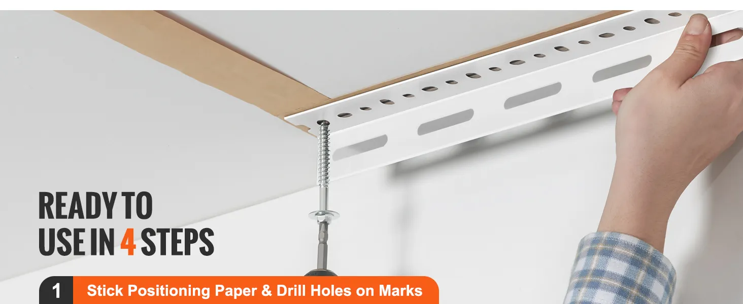 hand positions VEVOR garage storage rack on ceiling, with the drill securing the mounting bracket.