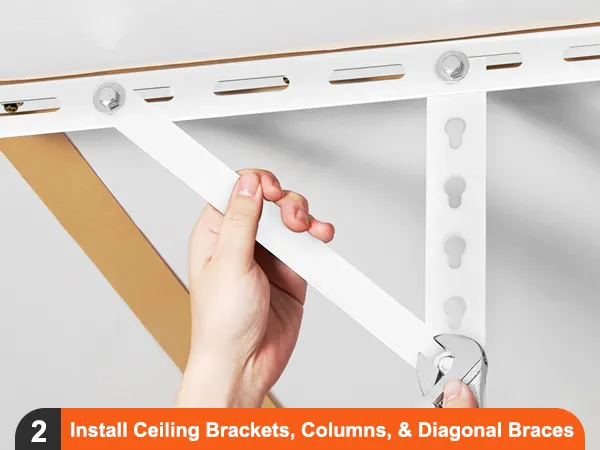 hand installing ceiling bracket and diagonal brace with spanner for VEVOR garage storage rack setup.