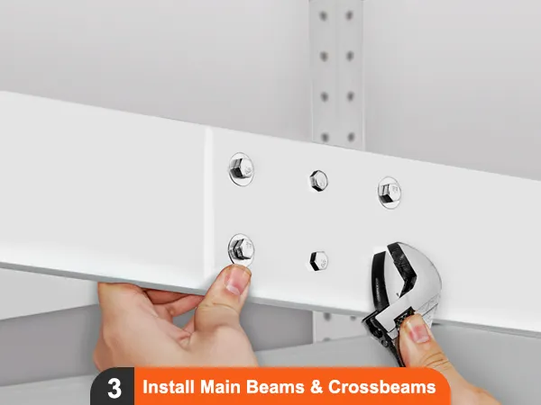 hands assembling a VEVOR garage storage rack with bolts and a wrench, closeup of beams and crossbeams.