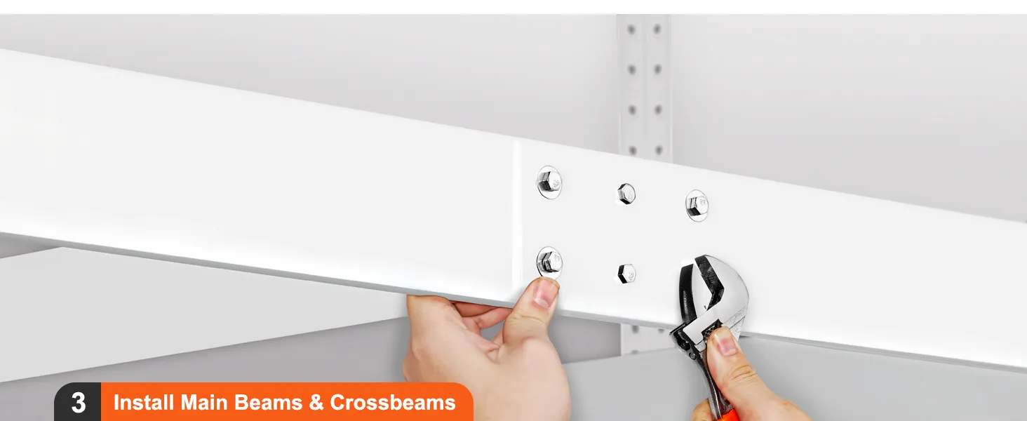 hands assembling a VEVOR garage storage rack with bolts and a wrench, closeup of beams and crossbeams.