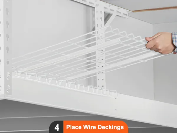 hands installing a white VEVOR garage storage rack with wire decking and upright support beams.