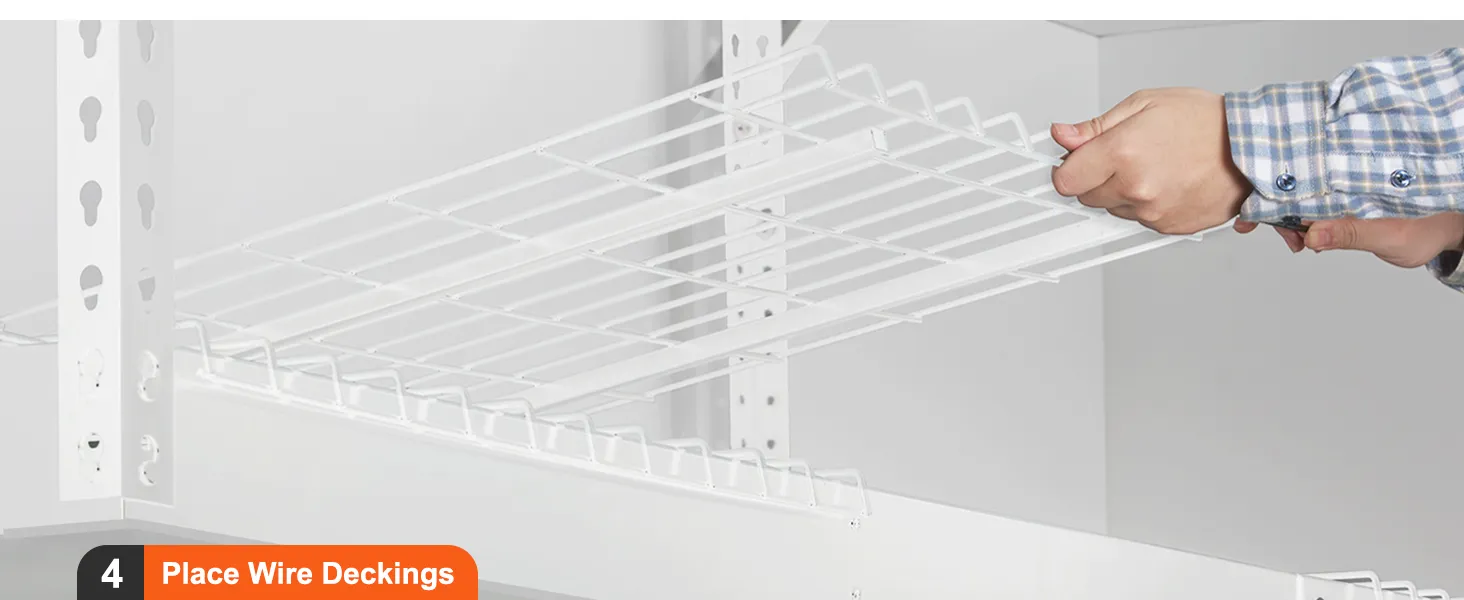 hands installing a white VEVOR garage storage rack with wire decking and upright support beams.