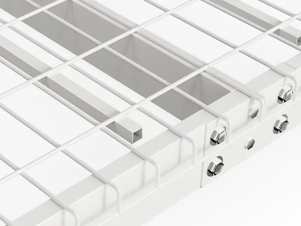 white metal VEVOR garage storage rack close-up showing steel wire grid and mounting hardware.