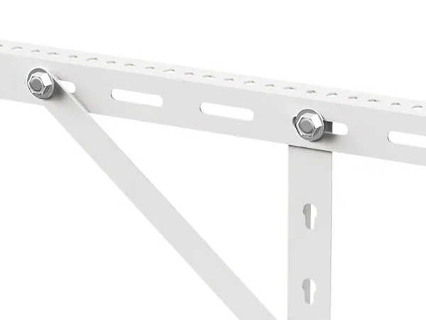 VEVOR garage storage rack detail showing sturdy metal frame with slotted holes and bolted joints.