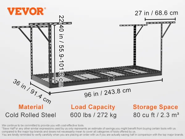 VEVOR overhead garage storage rack dimensions and specifications on a white background showing steel material.