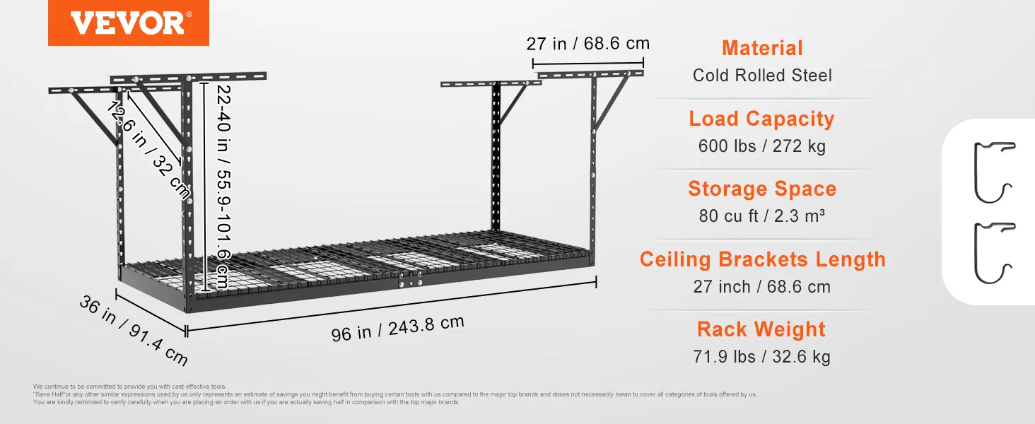 VEVOR overhead garage storage rack dimensions and specifications on a white background showing steel material.