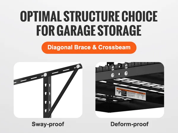 VEVOR overhead garage storage rack with 600lbs load capacity, diagonal brace, and crossbeam structure.