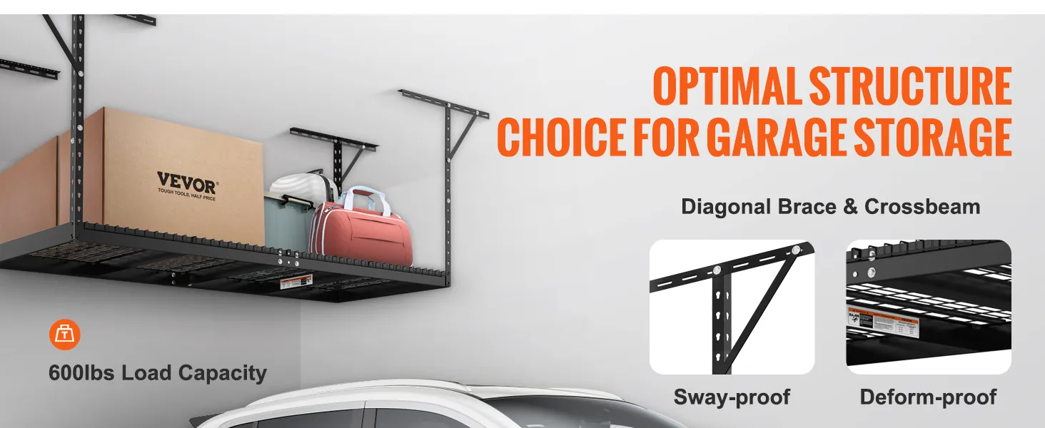VEVOR overhead garage storage rack with 600lbs load capacity, diagonal brace, and crossbeam structure.