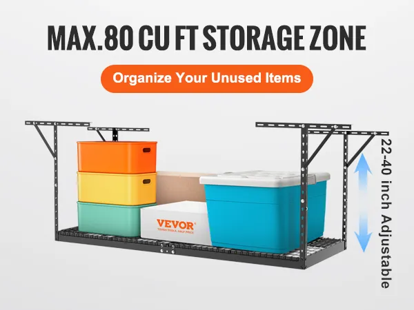 VEVOR overhead garage storage rack with 80 cu ft capacity, colorful bins, 22-40 inch adjustable height.