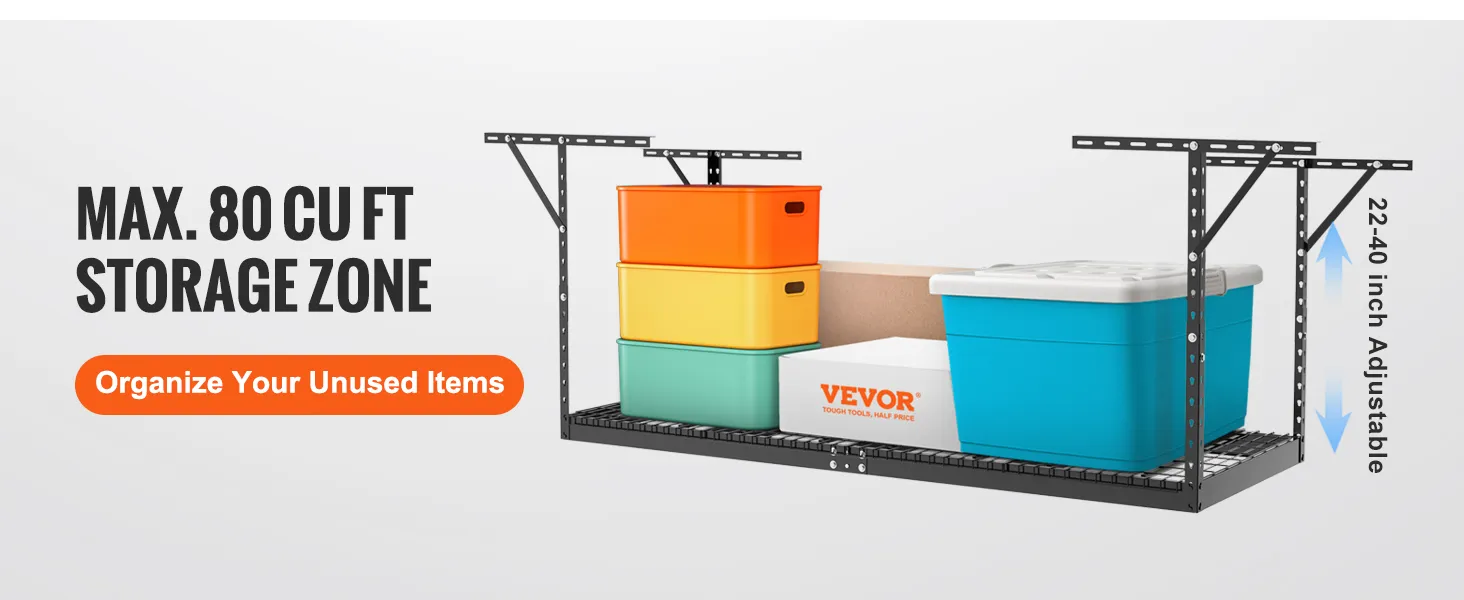 VEVOR overhead garage storage rack with 80 cu ft capacity, colorful bins, 22-40 inch adjustable height.