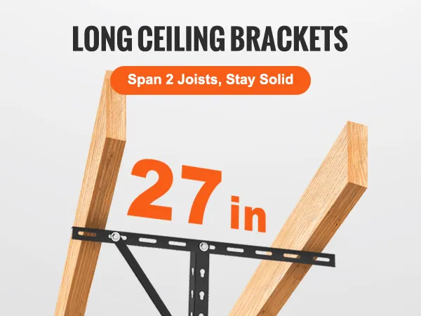 long ceiling brackets measure 27 inches, span 2 joists for solid support in VEVOR overhead garage storage rack.