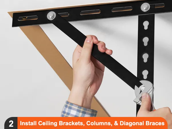 hand tightens bolts on ceiling bracket for VEVOR overhead garage storage rack installation.