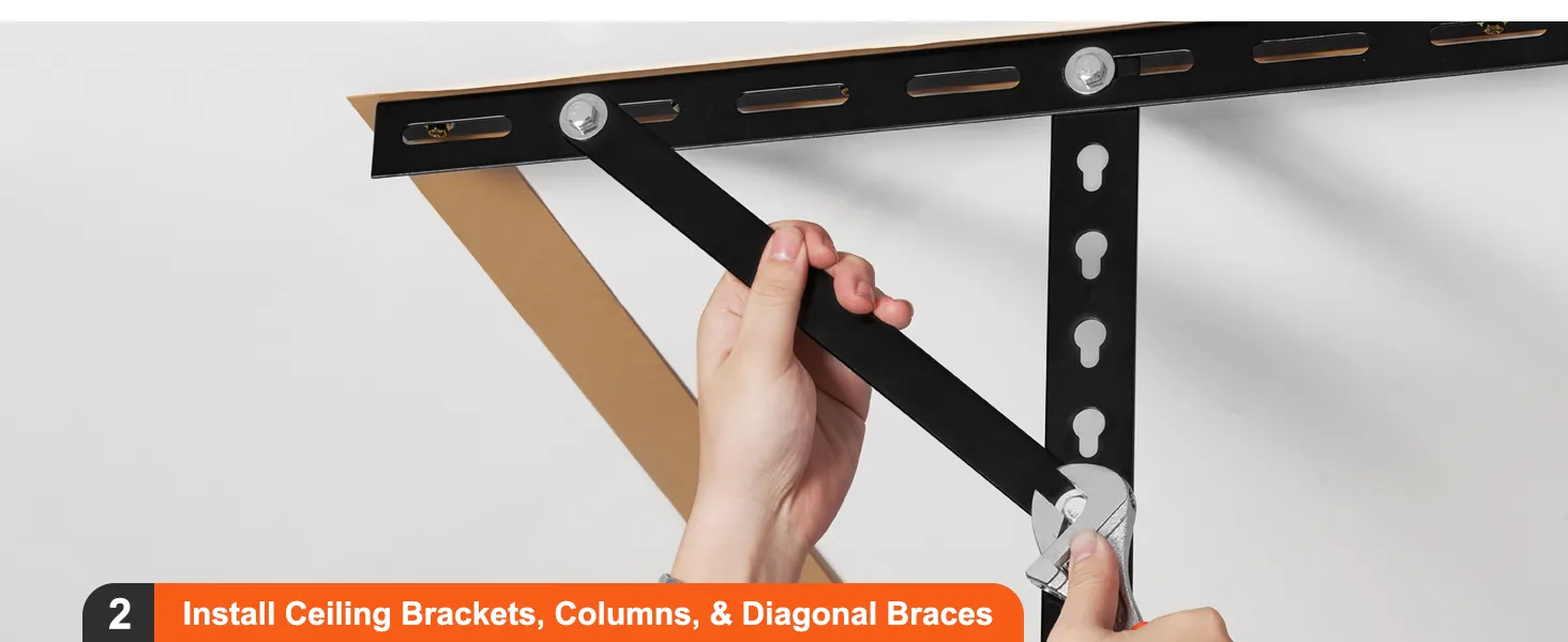 hand tightens bolts on ceiling bracket for VEVOR overhead garage storage rack installation.