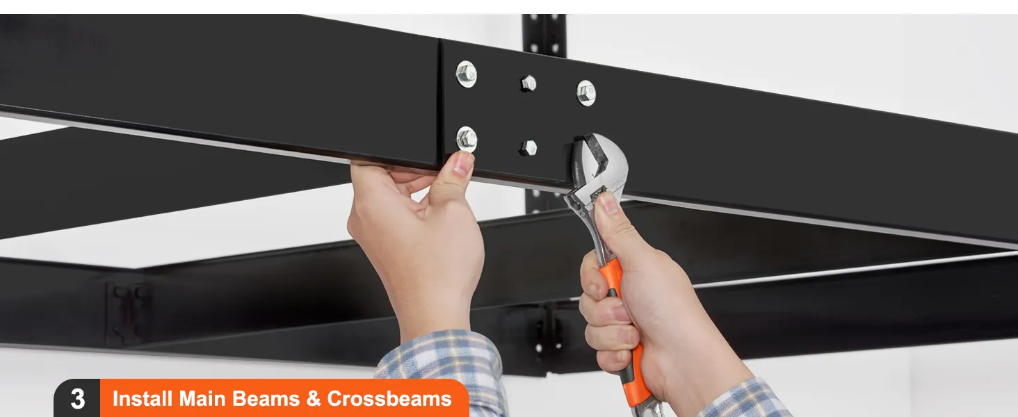 installing the main beams and crossbeams of the VEVOR overhead garage storage rack.
