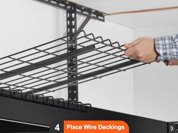 hands assembling a VEVOR overhead garage storage rack, placing wire decking on a black metal frame.