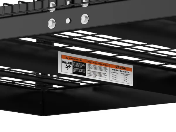 VEVOR overhead garage storage rack with safety instructions and weight capacity label. black metal frame.