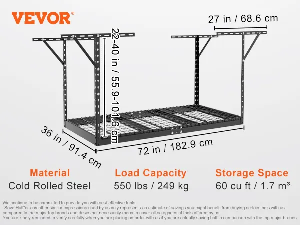 VEVOR garage storage rack details: load capacity 550 lbs, 60 cu ft storage, cold rolled steel, dimensions shown.
