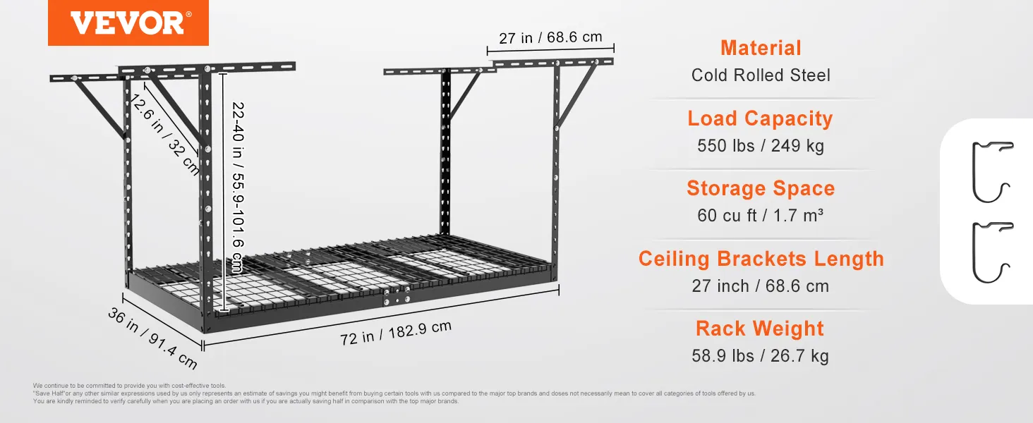 VEVOR garage storage rack details: load capacity 550 lbs, 60 cu ft storage, cold rolled steel, dimensions shown.