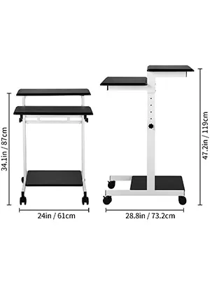 Escritorio móvil VEVOR con altura ajustable y dimensiones marcadas, con diseño en blanco y negro.