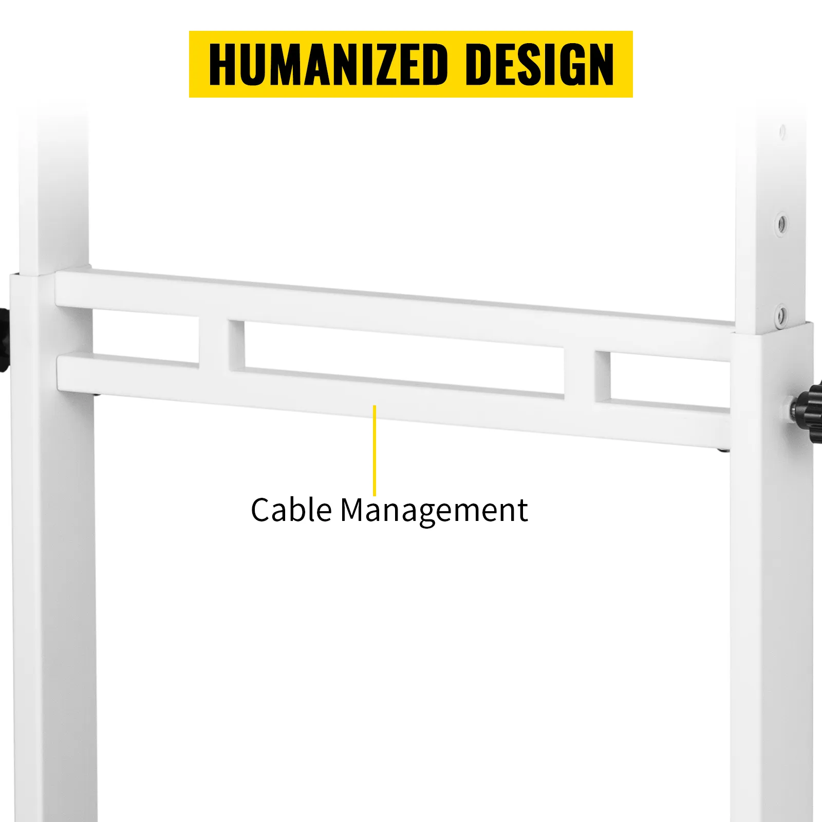 El escritorio móvil de pie VEVOR cuenta con gestión de cables para un espacio de trabajo ordenado.